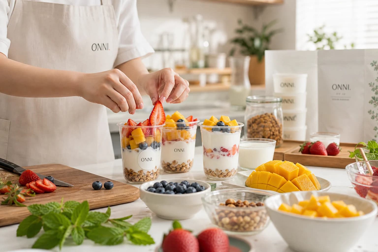 ONNI yogurt cups being prepared with fresh fruit